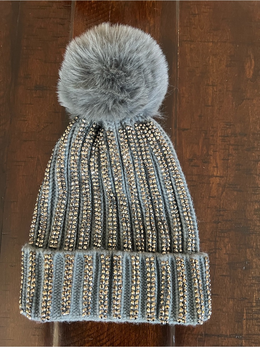 Natasha Gray Rhinestone Crystal Pom Pom Beanie Hat Faux Fur